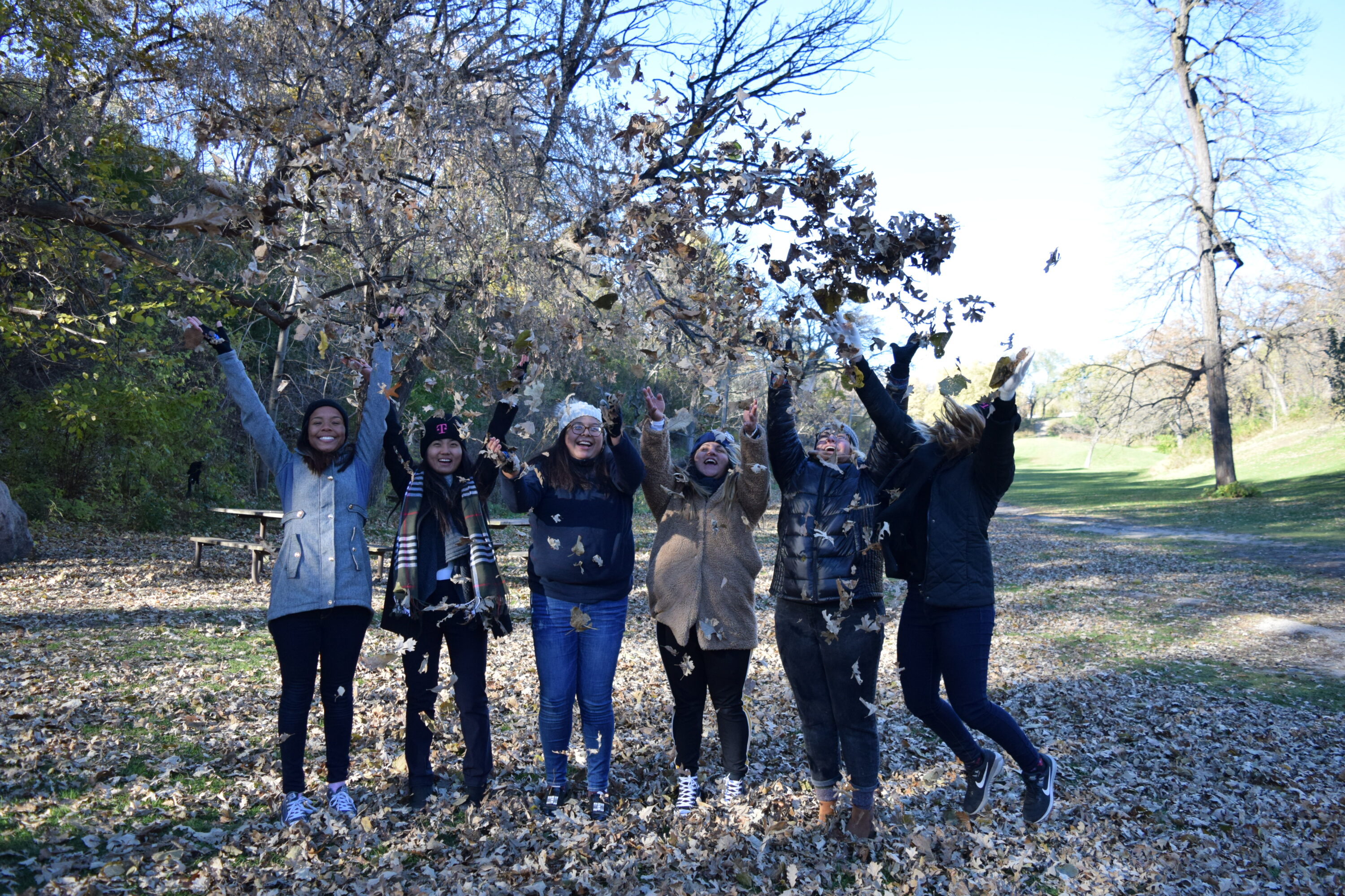 Students throw leaves